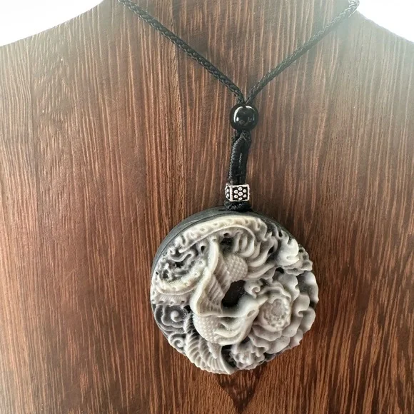 Tai Chi Stone Phoenix an Dragon Pendant Necklace on Black Adjustable Rope - Picture 8 of 13